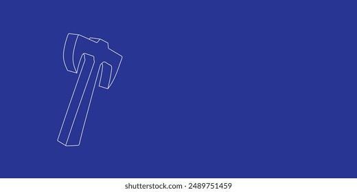 El contorno de un Grande hacha hecho líneas blancas a la izquierda. Vista 3D del objeto en perspectiva. Ilustración vectorial sobre fondo índigo