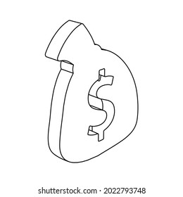 The outline of a large bag of money symbol is made with black lines. 3D view of the object in perspective. Vector illustration on white background