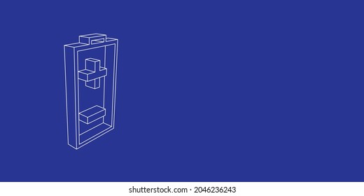 El contorno de un símbolo de batería grande hecho de líneas blancas a la izquierda. Vista 3D del objeto en perspectiva. Ilustración vectorial en el fondo índigo