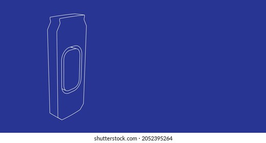 The outline of a large beer can symbol made of white lines on the left. 3D view of the object in perspective. Vector illustration on indigo background