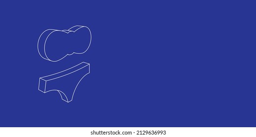 The outline of a large bikini symbol made of white lines on the left. 3D view of the object in perspective. Vector illustration on indigo background