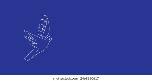 The outline of a large bird symbol made of white lines on the left. 3D view of the object in perspective. Vector illustration on indigo background