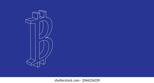 The outline of a large bitcoin symbol made of white lines on the left. 3D view of the object in perspective. Vector illustration on indigo background