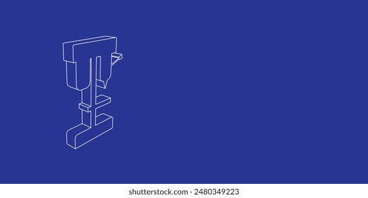 El contorno de un Grande molino perforador hecho de líneas blancas a la izquierda. Vista 3D del objeto en perspectiva. Ilustración vectorial sobre fondo índigo
