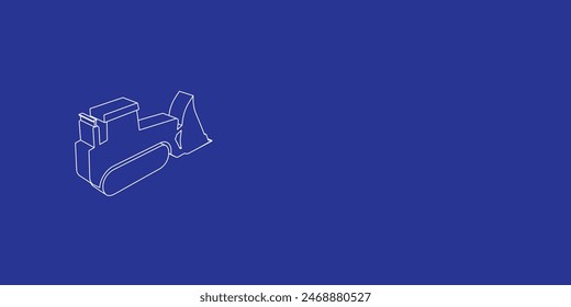 The outline of a large bulldozer symbol made of white lines on the left. 3D view of the object in perspective. Vector illustration on indigo background