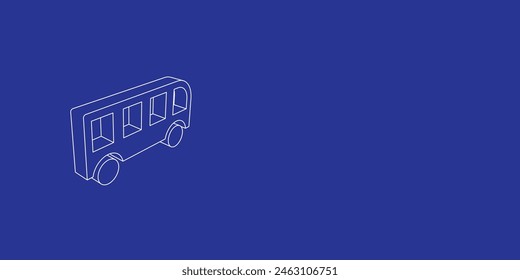 El contorno de un Grande símbolo de autobús hecho de líneas blancas a la izquierda. Vista 3D del objeto en perspectiva. Ilustración vectorial sobre fondo índigo