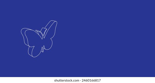 The outline of a large butterfly symbol made of white lines on the left. 3D view of the object in perspective. Vector illustration on indigo background