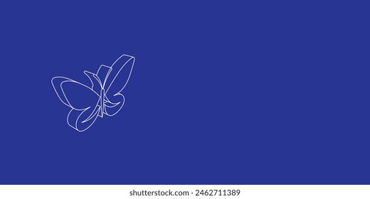 The outline of a large butterfly symbol made of white lines on the left. 3D view of the object in perspective. Vector illustration on indigo background