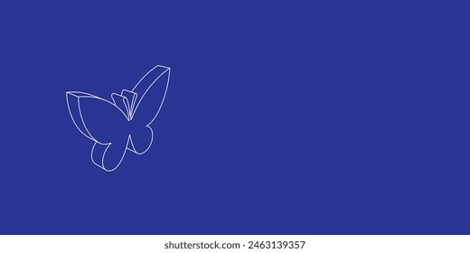 The outline of a large butterfly symbol made of white lines on the left. 3D view of the object in perspective. Vector illustration on indigo background