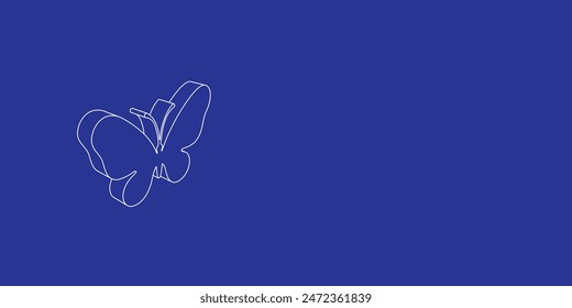 The outline of a large butterfly symbol made of white lines on the left. 3D view of the object in perspective. Vector illustration on indigo background