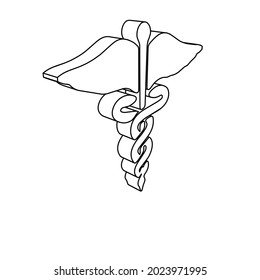 The outline of a large caduceus symbol is made with black lines. 3D view of the object in perspective. Vector illustration on white background