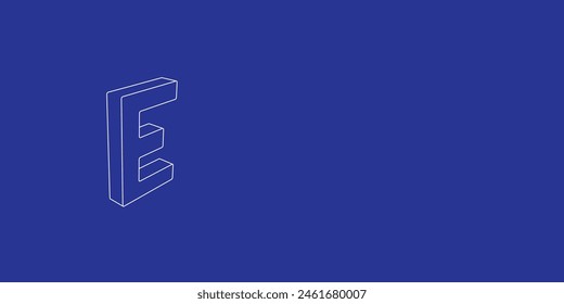 The outline of a large capital letter E symbol made of white lines on the left. 3D view of the object in perspective. Vector illustration on indigo background