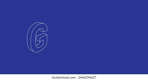 The outline of a large capital letter G symbol made of white lines on the left. 3D view of the object in perspective. Vector illustration on indigo background
