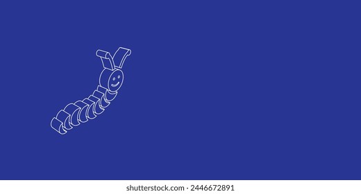 The outline of a large caterpillar symbol made of white lines on the left. 3D view of the object in perspective. Vector illustration on indigo background