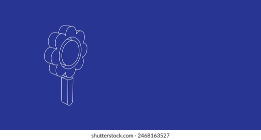 The outline of a large chamomile symbol made of white lines on the left. 3D view of the object in perspective. Vector illustration on indigo background