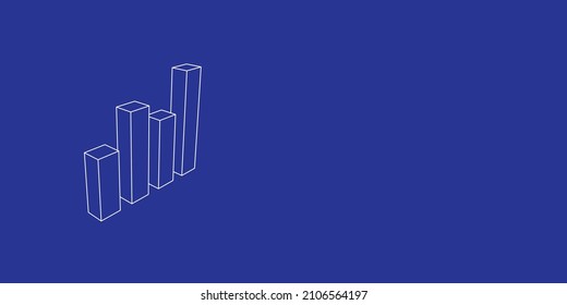 The outline of a large chart line symbol made of white lines on the left. 3D view of the object in perspective. Vector illustration on indigo background