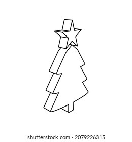 The outline of a large Christmas tree is made with black lines. 3D view of the object in perspective. Vector illustration on white background