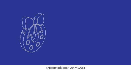 The outline of a large christmas wreath symbol made of white lines on the left. 3D view of the object in perspective. Vector illustration on indigo background