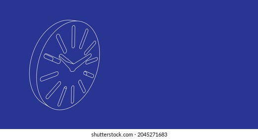 El contorno de un símbolo de reloj grande hecho de líneas blancas a la izquierda. Vista 3D del objeto en perspectiva. Ilustración vectorial en el fondo índigo