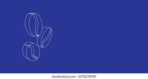 The outline of a large coffee beans symbol made of white lines on the left. 3D view of the object in perspective. Vector illustration on indigo background