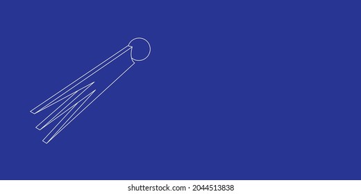 The outline of a large comet symbol made of white lines on the left. 3D view of the object in perspective. Vector illustration on indigo background