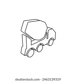 The outline of a large concrete mixer truck symbol is made with black lines. 3D view of the object in perspective. Vector illustration on white background