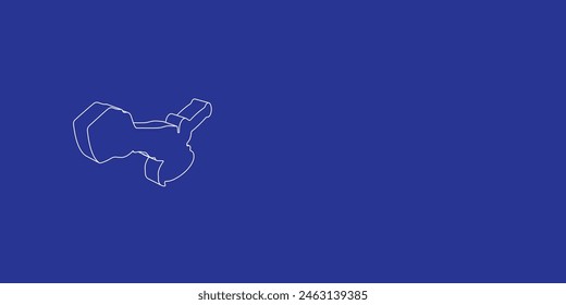 El contorno de una Grande amoladora angular sin cuerda hecha de líneas blancas a la izquierda. Vista 3D del objeto en perspectiva. Ilustración vectorial sobre fondo índigo