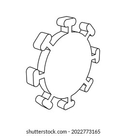 The outline of a large coronavirus symbol is made with black lines. 3D view of the object in perspective. Vector illustration on white background