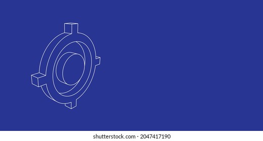 The Outline Of A Large Crosshair Symbol Made Of White Lines On The Left. 3D View Of The Object In Perspective. Vector Illustration On Indigo Background