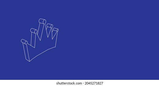 The outline of a large crown symbol made of white lines on the left. 3D view of the object in perspective. Vector illustration on indigo background