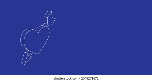 The outline of a large cupid arrow symbol made of white lines on the left. 3D view of the object in perspective. Vector illustration on indigo background