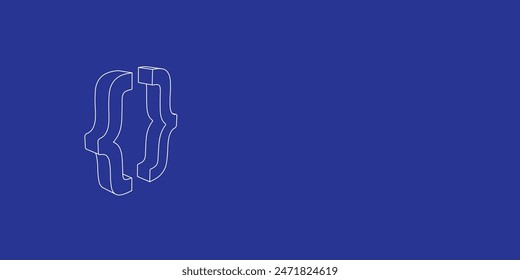 El contorno de un Grande símbolo de corchetes enrollados hecho de líneas blancas a la izquierda. Vista 3D del objeto en perspectiva. Ilustración vectorial sobre fondo índigo