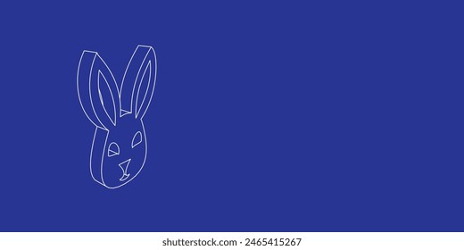 The outline of a large cute hare head symbol made of white lines on the left. 3D view of the object in perspective. Vector illustration on indigo background