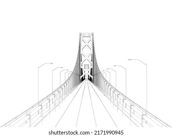 Outline of a large detailed bridge with lanterns. Front view. 3D. Vector illustration.