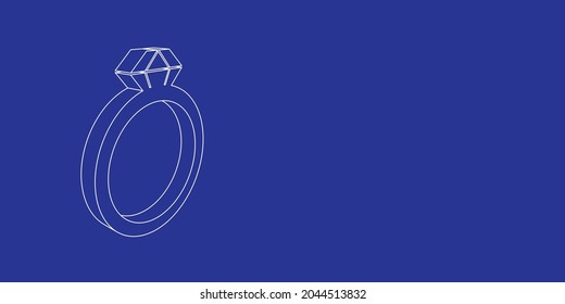 The outline of a large diamond ring symbol made of white lines on the left. 3D view of the object in perspective. Vector illustration on indigo background