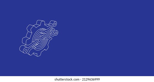 The outline of a large digital tech symbol made of white lines on the left. 3D view of the object in perspective. Vector illustration on indigo background