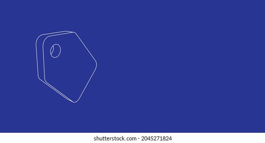 The outline of a large discount label symbol made of white lines on the left. 3D view of the object in perspective. Vector illustration on indigo background