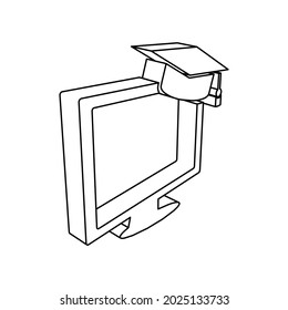 The outline of a large distance learning symbol is made with black lines. 3D view of the object in perspective. Vector illustration on white background