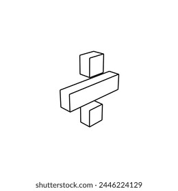 The outline of a large division symbol is made with black lines. 3D view of the object in perspective. Vector illustration on white background