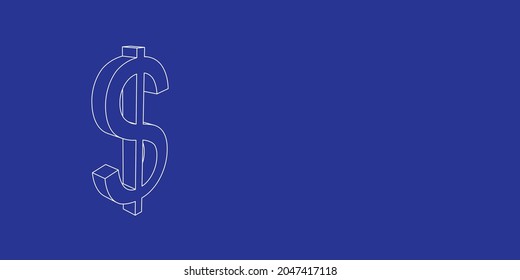 The outline of a large dollar symbol made of white lines on the left. 3D view of the object in perspective. Vector illustration on indigo background