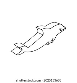 The outline of a large dolphin symbol is made with black lines. 3D view of the object in perspective. Vector illustration on white background