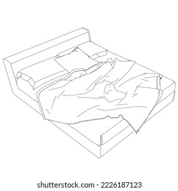 Outline of a large double bed from black lines isolated on a white background. Isometric view. 3D. Vector illustration.