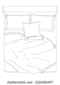 Esbozo de una gran cama doble de líneas negras aislada en un fondo blanco. Vista desde arriba. 3 D. Ilustración vectorial.
