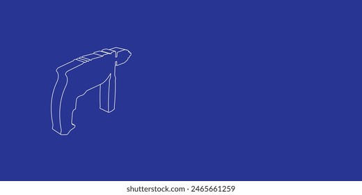 The outline of a large drill symbol made of white lines on the left. 3D view of the object in perspective. Vector illustration on indigo background
