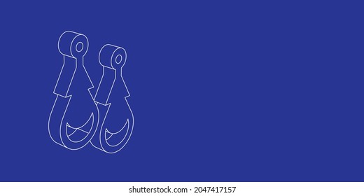The outline of a large earrings symbol made of white lines on the left. 3D view of the object in perspective. Vector illustration on indigo background