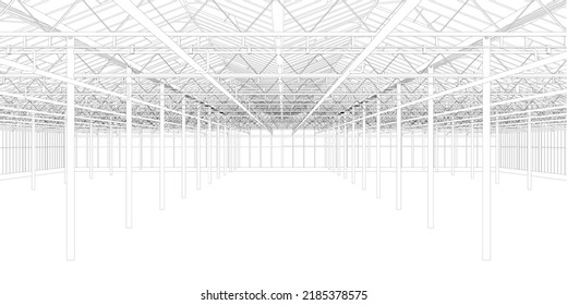 Outline of a large empty hangar from black lines isolated on a white background. Vector illustration.