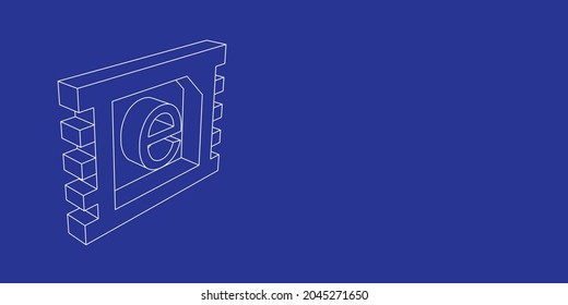 The outline of a large eSIM symbol made of white lines on the left. 3D view of the object in perspective. Vector illustration on indigo background