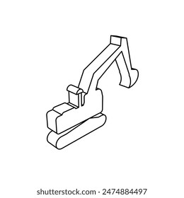 The outline of a large excavator symbol is made with black lines. 3D view of the object in perspective. Vector illustration on white background
