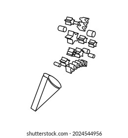 The outline of a large exploding party popper is made with black lines. 3D view of the object in perspective. Vector illustration on white background