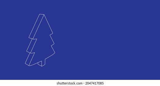 The outline of a large fir-tree symbol made of white lines on the left. 3D view of the object in perspective. Vector illustration on indigo background